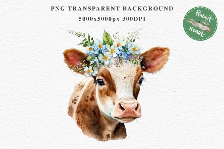 Cute Floral Baby Cow Flowers Watercolor Clipart PNG Highland