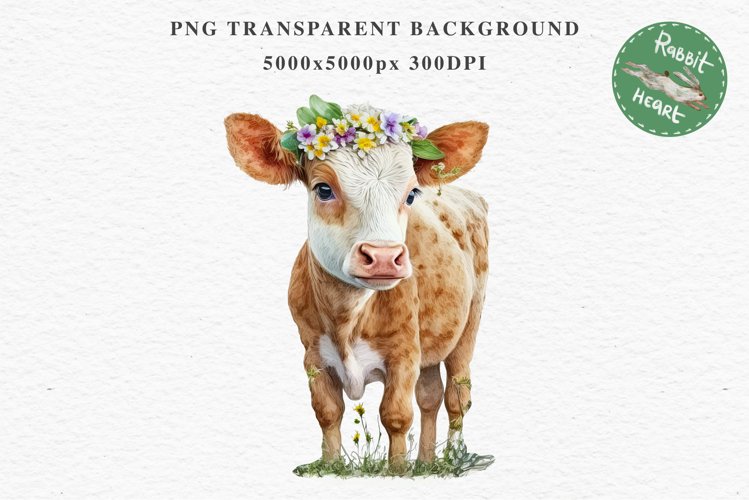 Cute Floral Baby Cow Flowers Watercolor Clipart PNG Highland