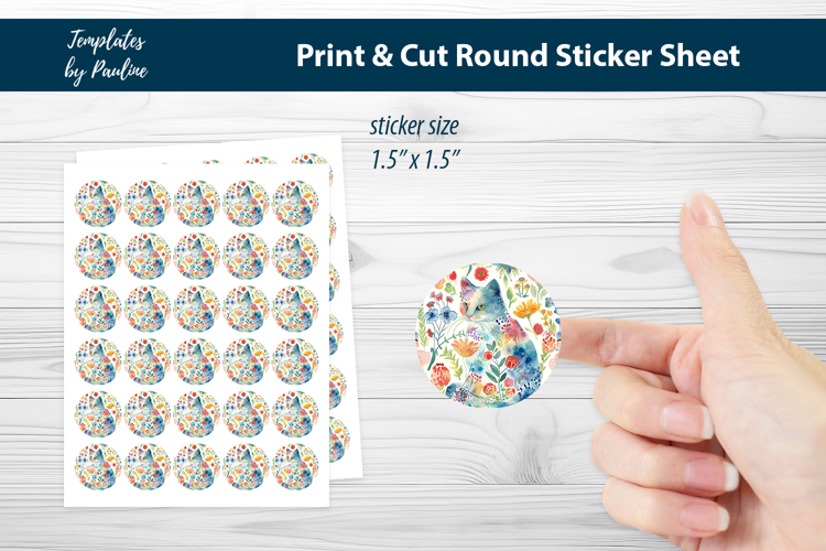 Cute Floral Cat Print and Cut Sticker Sheet, Digital Sticker