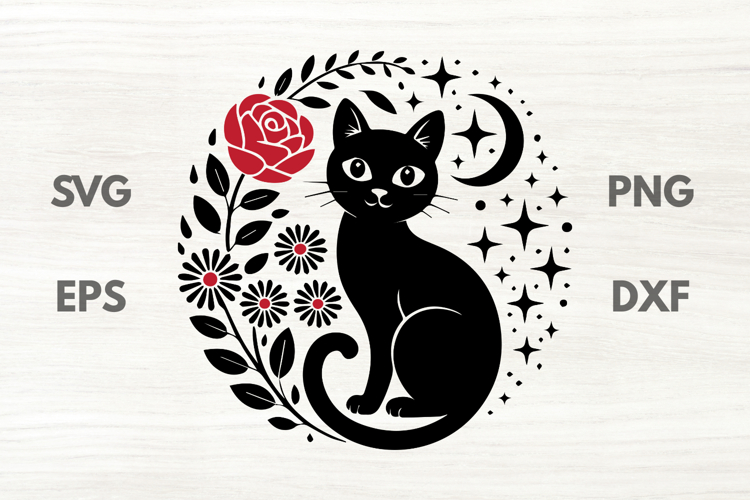 Cute Cat with Rose and Stars SVG