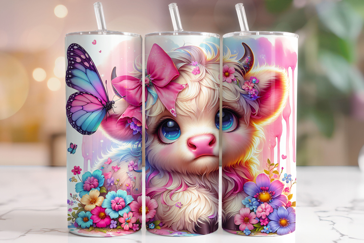 Floral Highland Cow Tumbler Wrap, Cute Highland Cow Tumbler