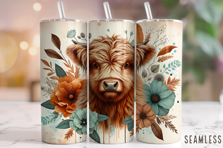 Floral Highland Cow Tumbler Wrap, Cute Highland Cow Tumbler