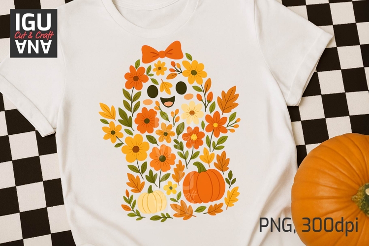 Floral Pumpkin Ghost with bow PNG | Cute Fall Halloween DTF
