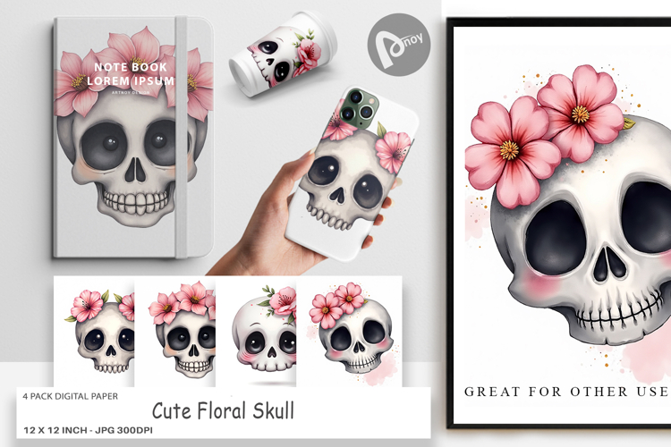 Cute Floral Skull Digital Paper