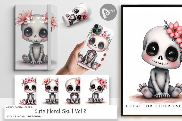 Cute Floral Skull Digital Paper