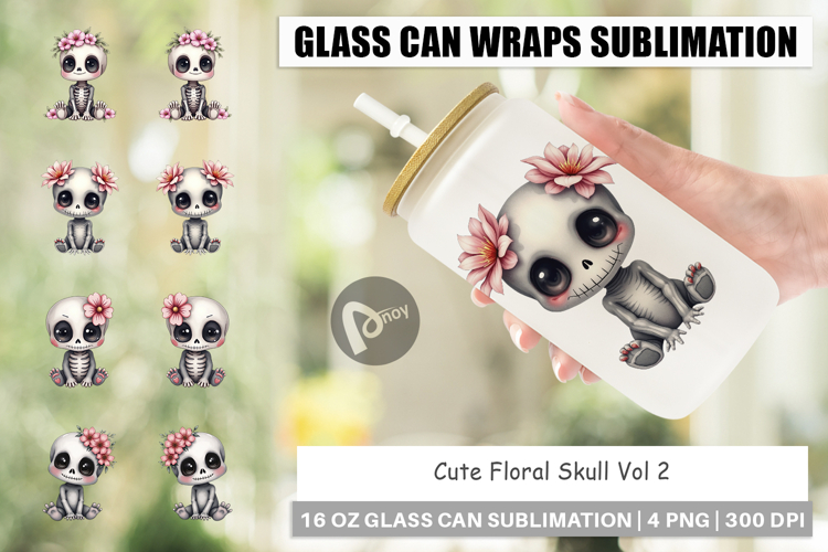 Cute Floral Skull Glass Can