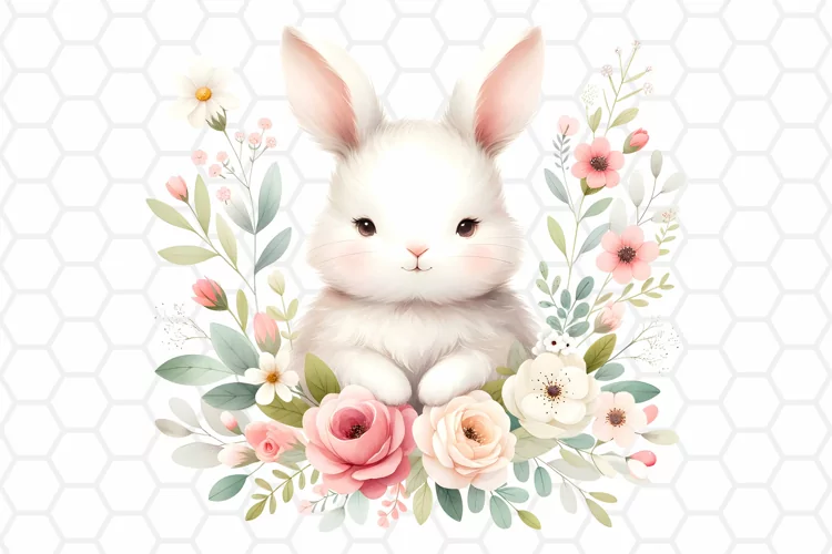 Cute Floral Watercolor Bunny Clipart, Sublimation PNG
