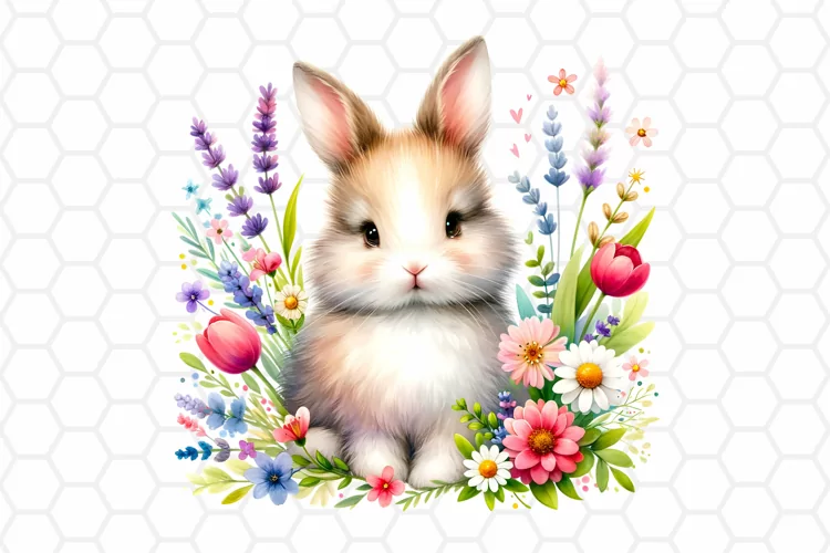 Cute Floral Watercolor Bunny Clipart, Sublimation PNG