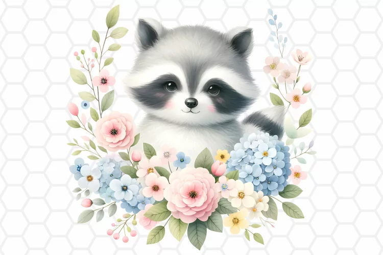 Cute Floral Watercolor Raccoon Clipart, Sublimation PNG