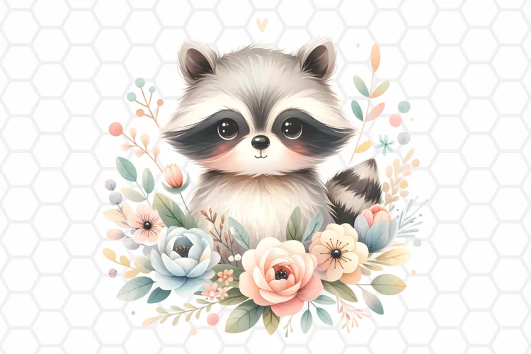 Cute Floral Watercolor Raccoon Clipart, Sublimation PNG