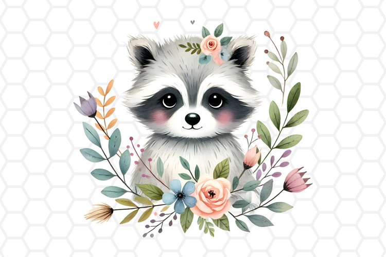 Cute Floral Watercolor Raccoon Clipart, Sublimation PNG