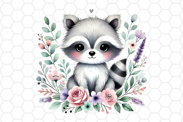 Cute Floral Watercolor Raccoon Clipart, Sublimation PNG