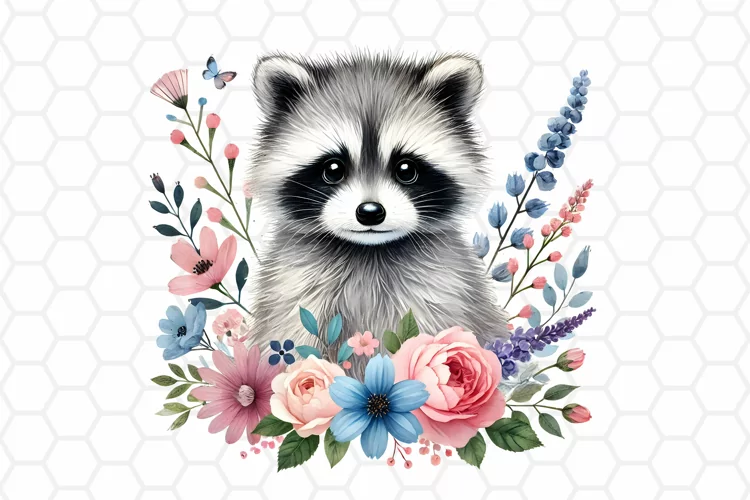 Cute Floral Watercolor Raccoon Clipart, Sublimation PNG