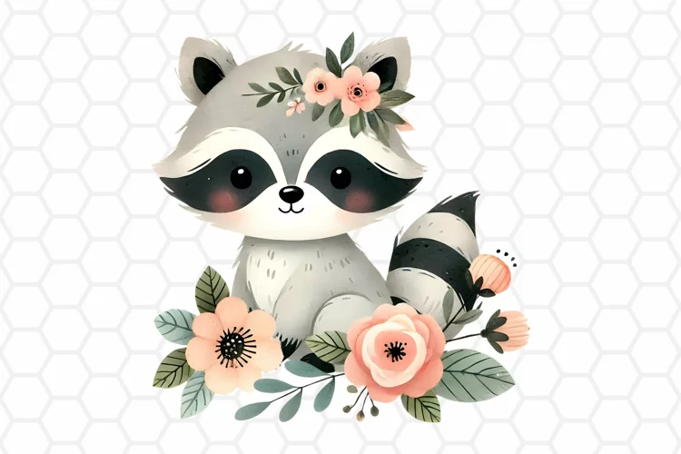 Cute Floral Watercolor Raccoon Clipart, Sublimation PNG