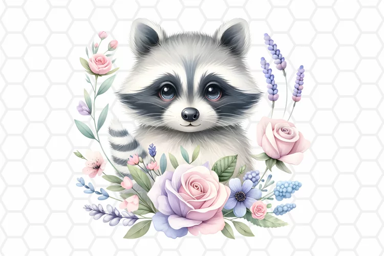 Cute Floral Watercolor Raccoon Clipart, Sublimation PNG