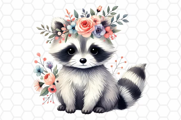 Cute Floral Watercolor Raccoon Clipart, Sublimation PNG