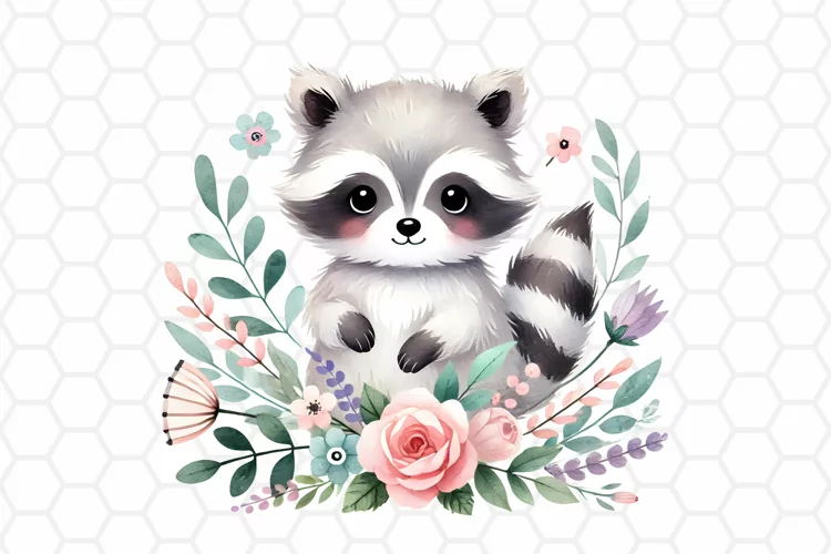 Cute Floral Watercolor Raccoon Clipart, Sublimation PNG