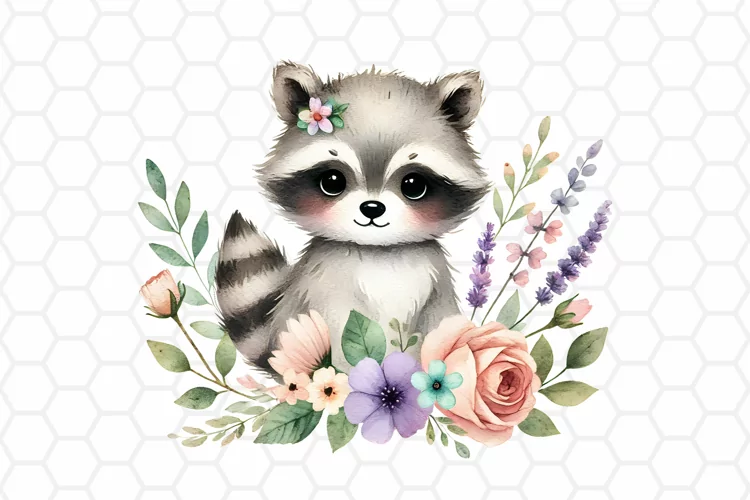 Cute Floral Watercolor Raccoon Clipart, Sublimation PNG