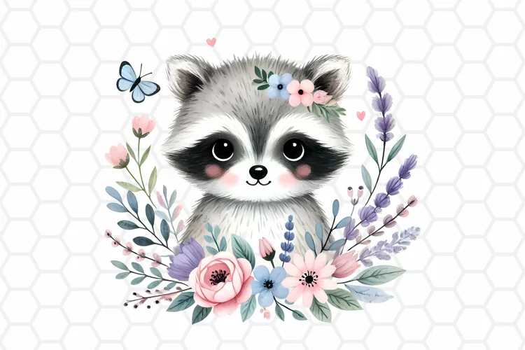 Cute Floral Watercolor Raccoon Clipart, Sublimation PNG