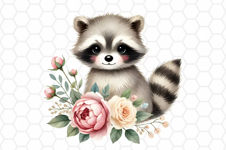 Cute Floral Watercolor Raccoon Clipart, Sublimation PNG