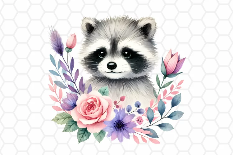 Cute Floral Watercolor Raccoon Clipart, Sublimation PNG