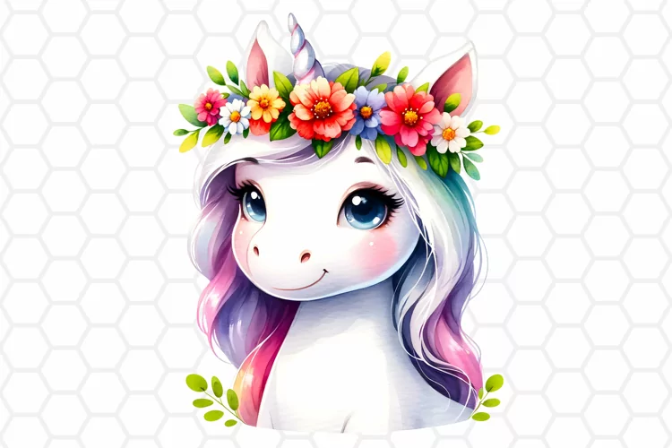 Cute Floral Watercolor Unicorn Clipart, Sublimation PNG