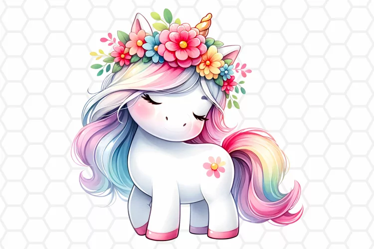 Cute Floral Watercolor Unicorn Clipart, Sublimation PNG