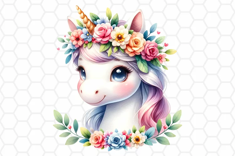 Cute Floral Watercolor Unicorn Clipart, Sublimation PNG