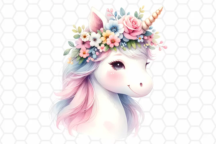 Cute Floral Watercolor Unicorn Clipart, Sublimation PNG
