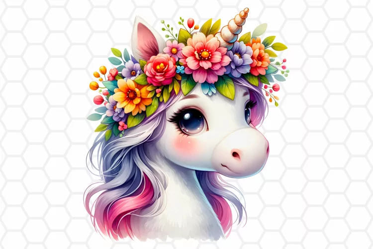 Cute Floral Watercolor Unicorn Clipart, Sublimation PNG