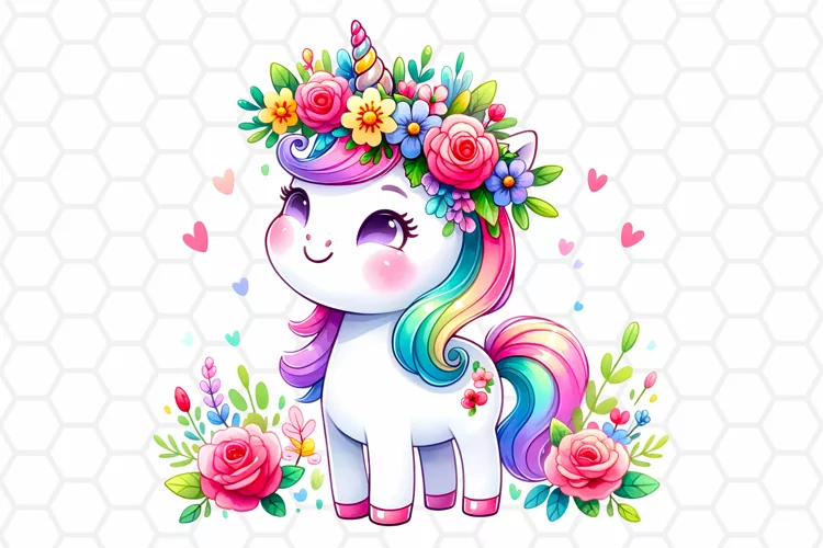 Cute Floral Watercolor Unicorn Clipart, Sublimation PNG