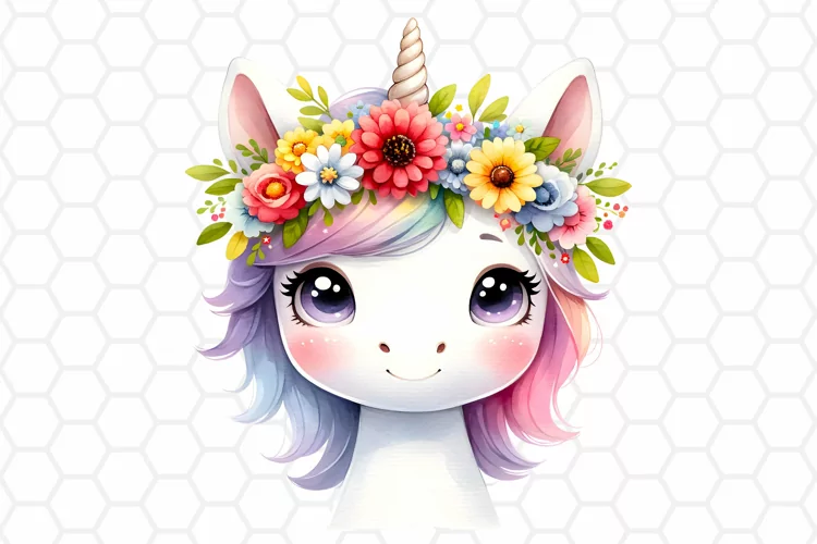 Cute Floral Watercolor Unicorn Clipart, Sublimation PNG