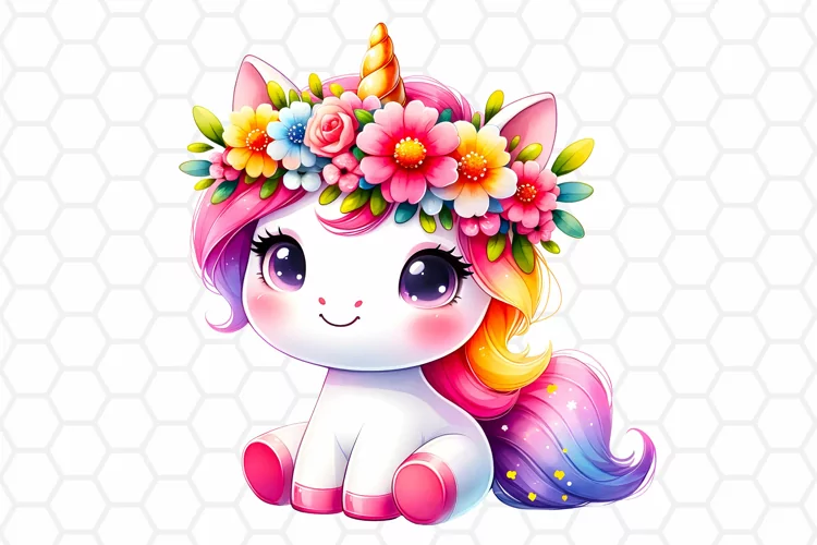 Cute Floral Watercolor Unicorn Clipart, Sublimation PNG