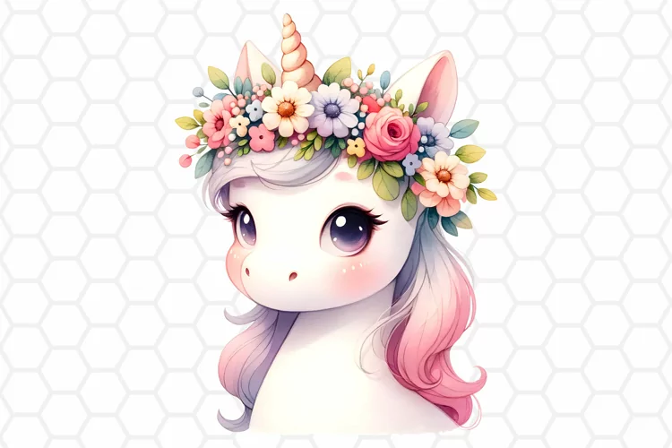 Cute Floral Watercolor Unicorn Clipart, Sublimation PNG