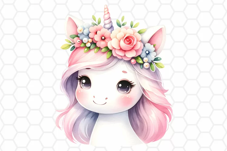 Cute Floral Watercolor Unicorn Clipart, Sublimation PNG