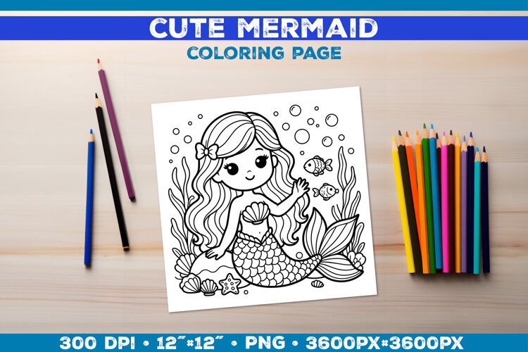 Mermaid Printable Coloring Page. Mermaid Coloring Book example image 1