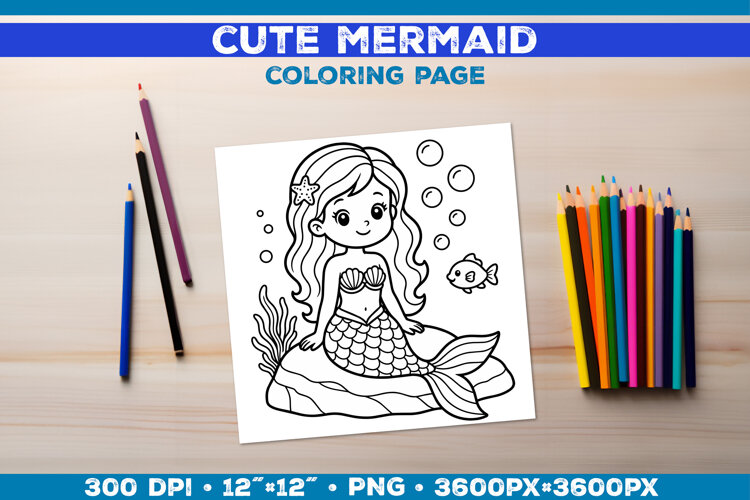 Mermaid Printable Coloring Page. Mermaid Coloring Book example image 1