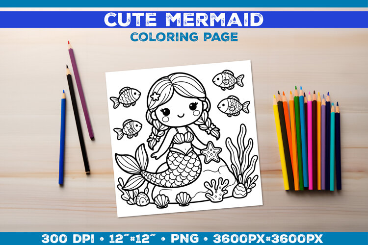 Mermaid Printable Coloring Page. Mermaid Coloring Book example image 1