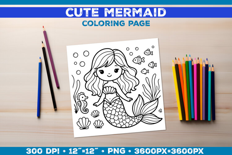 Mermaid Printable Coloring Page. Mermaid Coloring Book example image 1