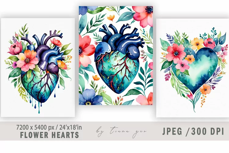 Watercolor flower heart illustrations for prints- 3 Jpeg
