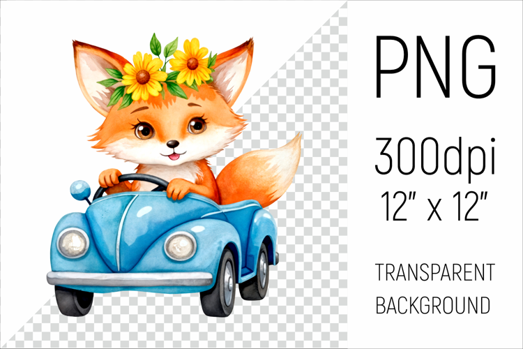 Cute Fox Driving Blue Car | Sublimation Design