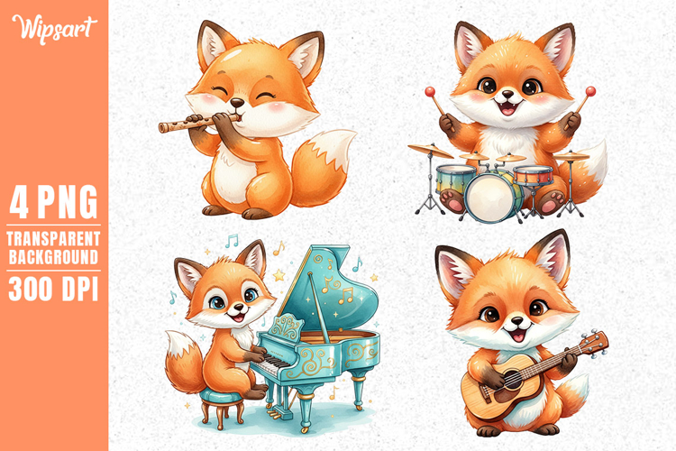 Cute Fox Music Clipart PNG for Kids