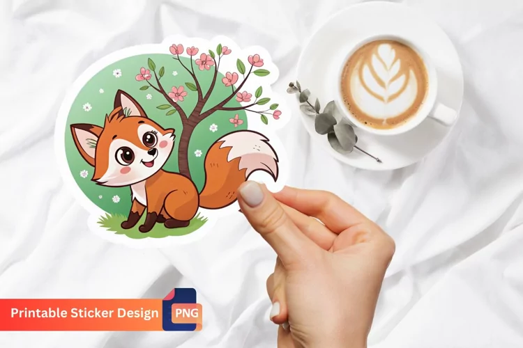 Cute Fox Tree Flowers Sticker, Forest Animal Stickers