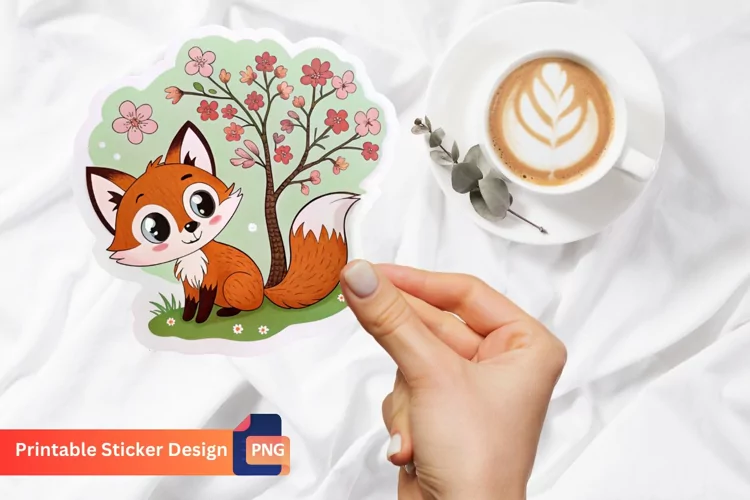 Cute Fox Tree Flowers Sticker, Forest Animal Stickers