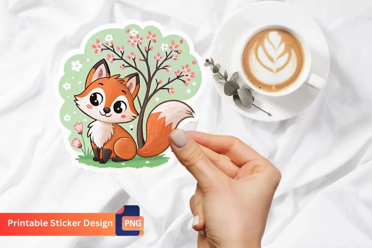 Cute Fox Tree Flowers Sticker, Forest Animal Stickers