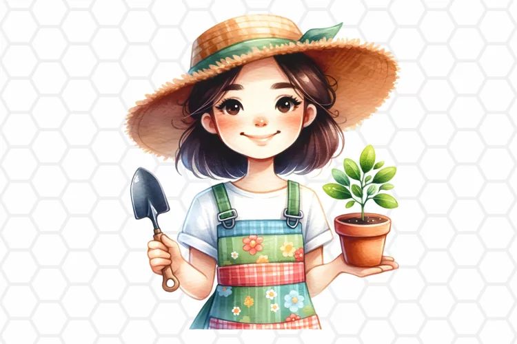 Cute Gardener Watercolor Clipart, Garden Sublimation PNG
