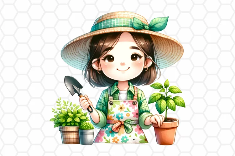 Cute Gardener Watercolor Clipart, Garden Sublimation PNG