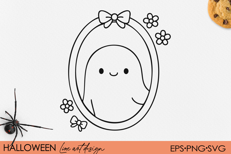 Cute Kawaii Ghost with Bow and Flowers, Halloween Frame SVG