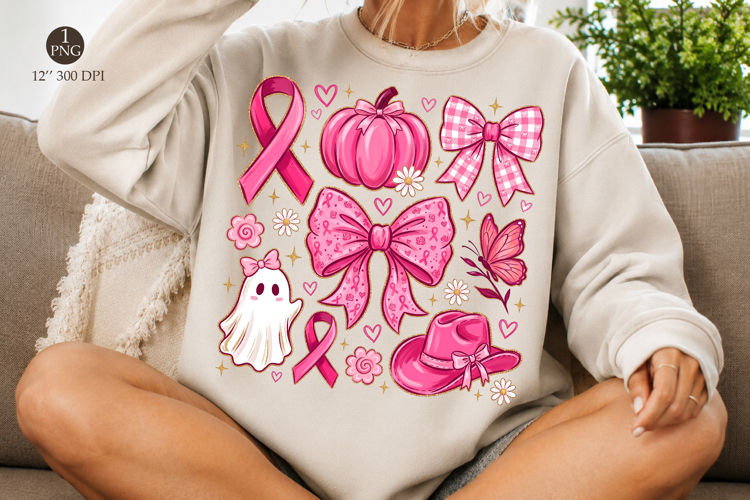 Cute Ghost & Bows Png, Breast Cancer Month Design