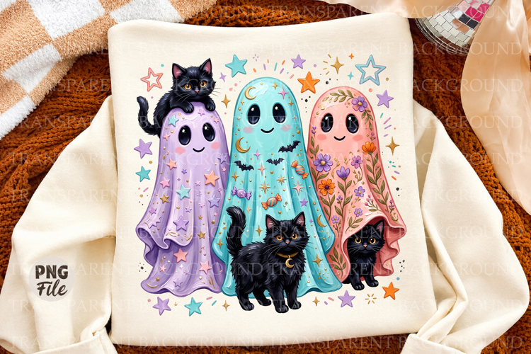 Cute Ghost Cats Png, Pastel Halloween Cat Design, Floral